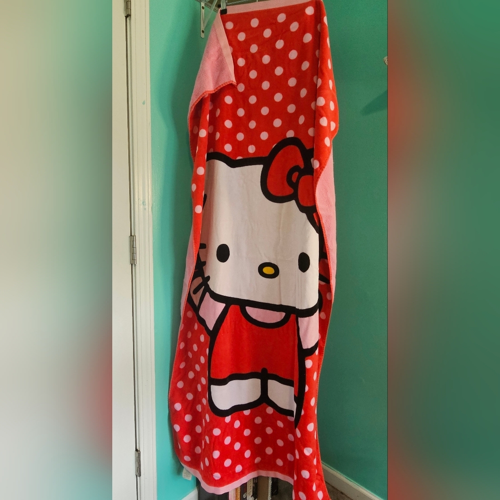 Hello Kitty Red w/ Pinkish Polka Dots Large Beach Towel Appx 34x60"